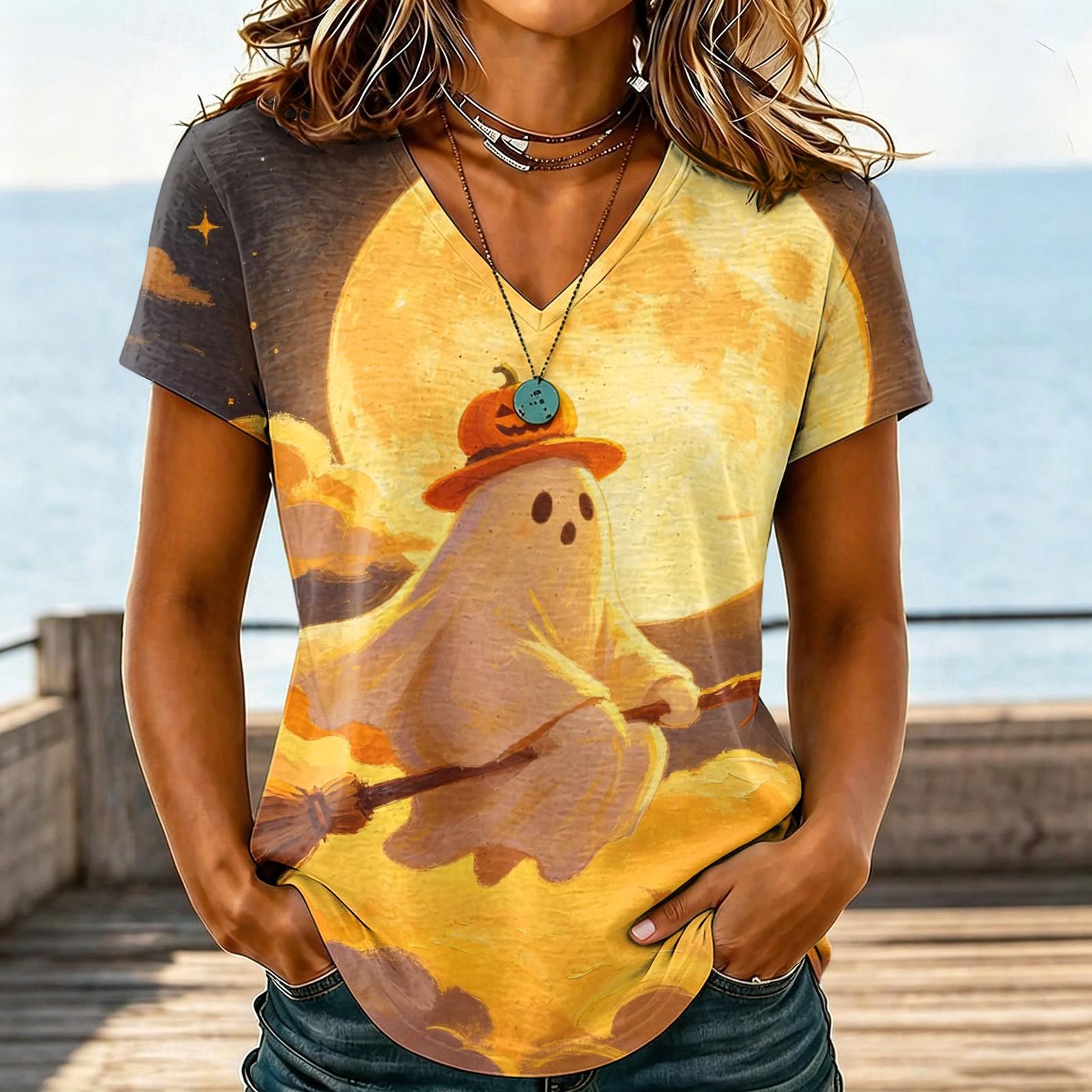 Women s fashion casual V-neck short-sleeved Halloween printed T-shirt top S