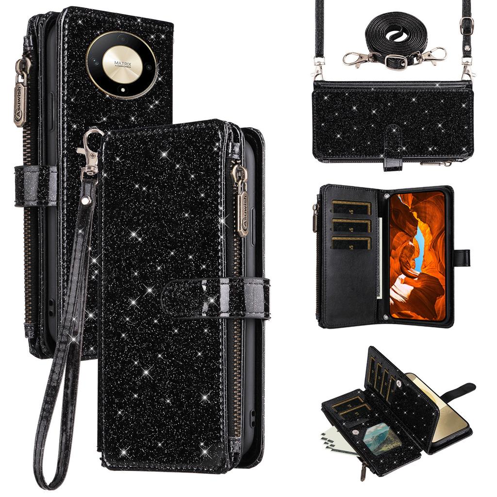 ASUWISH For Honor Magic6 Lite 5G/X9b 5G Case 10 Card Holder Glitter Leather Phone Cover with Crossbody Strap