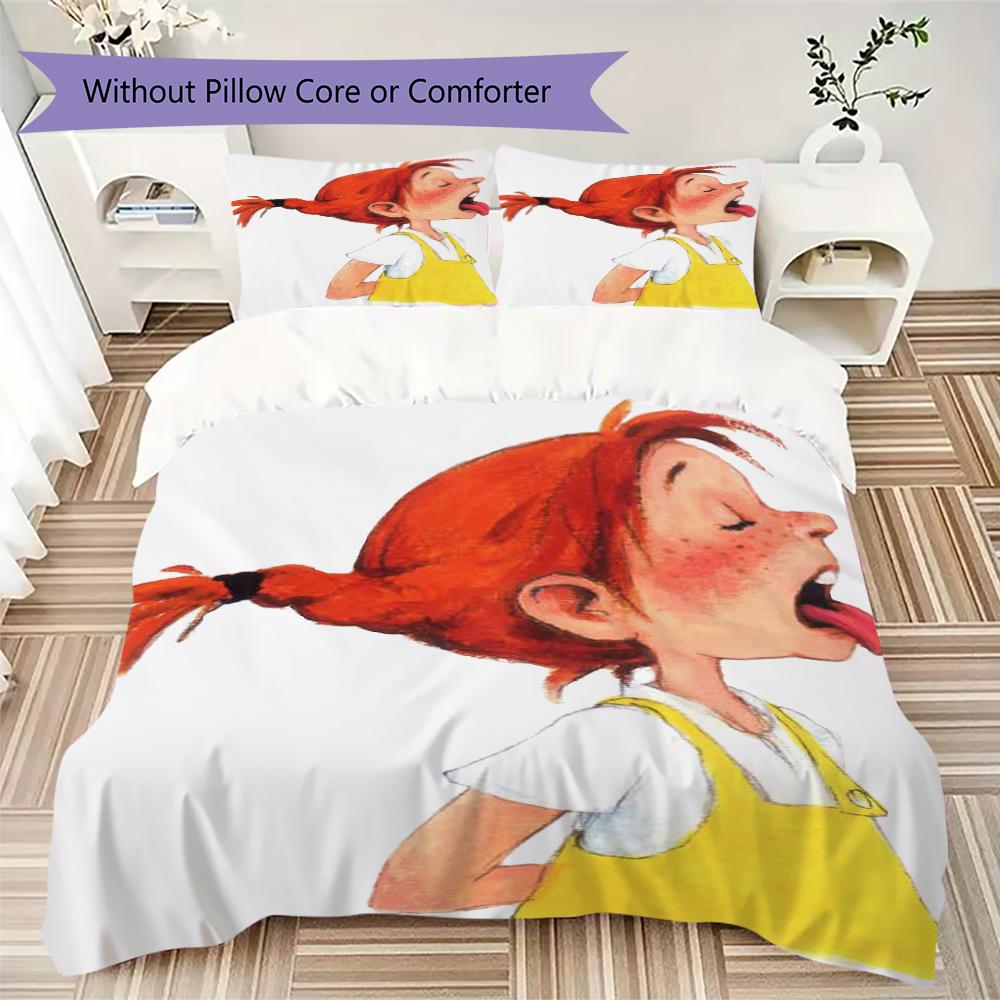 Pippi Langstrumpf Muster Bettwäsche Steppdecken-Set Bettbezug Kissenbezug Heimdekoration Geburtstagsgeschenk (1 * Bettbezug + 2 * Kissenbezug ohne Füllung)115