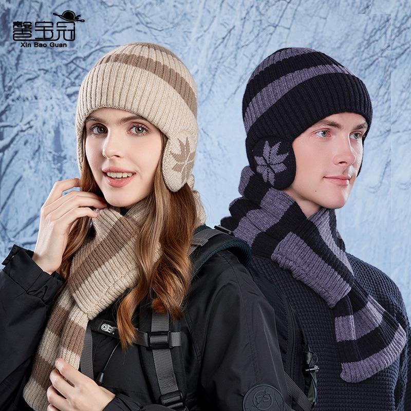 New winter hat, scarf set, men's and women's outdoor windproof ear protectors, pullover hat, fleece warm knitted wool hat