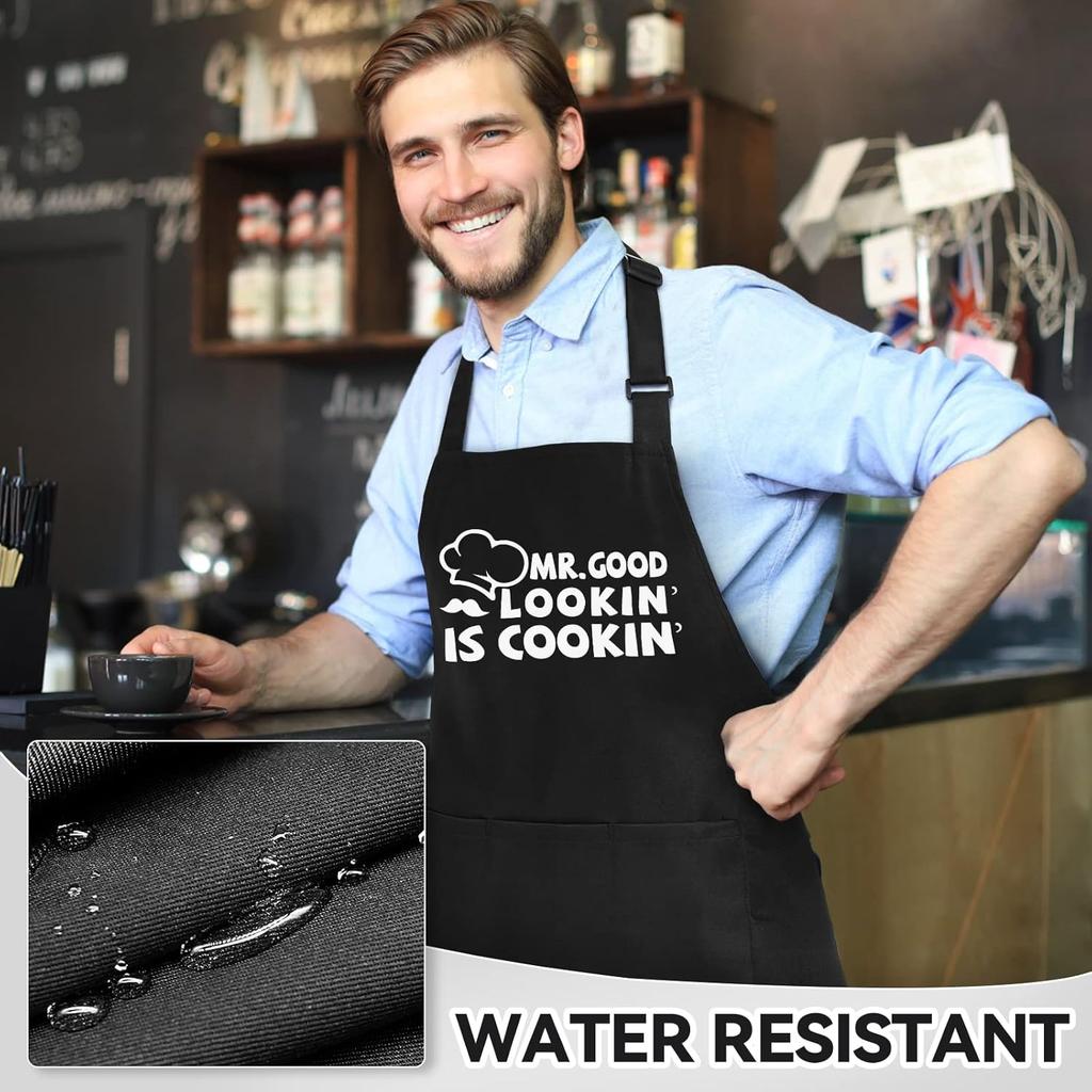 Funny Aprons for Men, Mr. Good Lookin’ Is Cookin’ Chef Apron with 3 Pockets, Adjustable Neck Strap and Long Waist Ties, Perfect for Kitchen