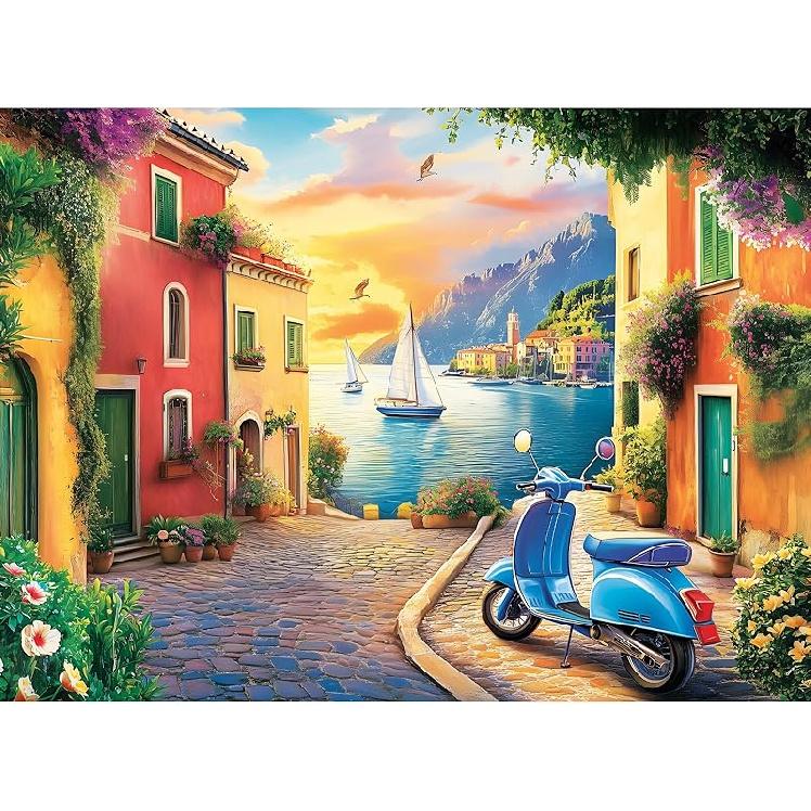 500 Piece Puzzles for Adult, Coastal Village Sunset Harbor Scene Jigsaw Puzzles for Adults Senior, Colorful Buildings Adult Puzzle, Challenging Sunset Street