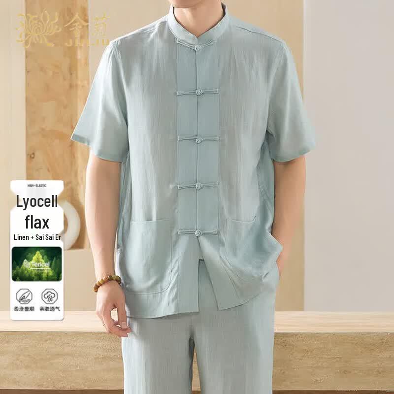 Men s Chinese Style Linen Blend Short-Sleeve Shirt L