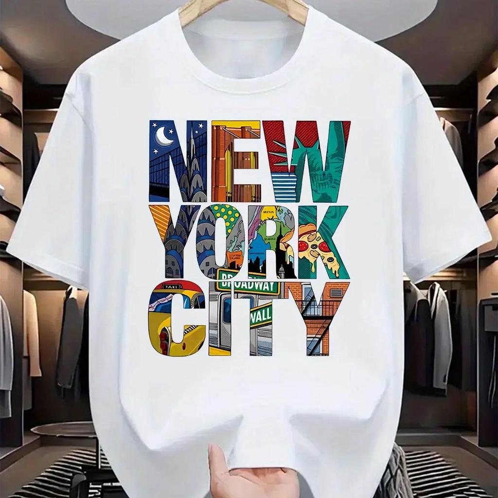 2025 Herr Ren Bomull NYC-tryck Casual Lös Passform Rund Hals Kortärmad T-shirt