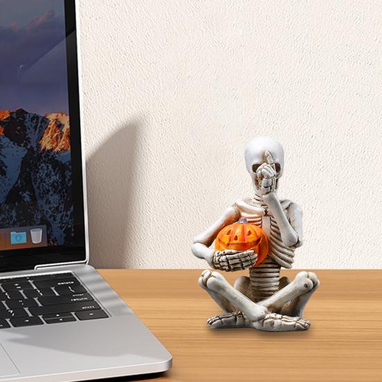 Yousheng Halloween Holding Pumpkin Skeleton Figurine Creepy Sitting Skeleton Resin Statue Sculpture Holiday Party Decoration Ornament