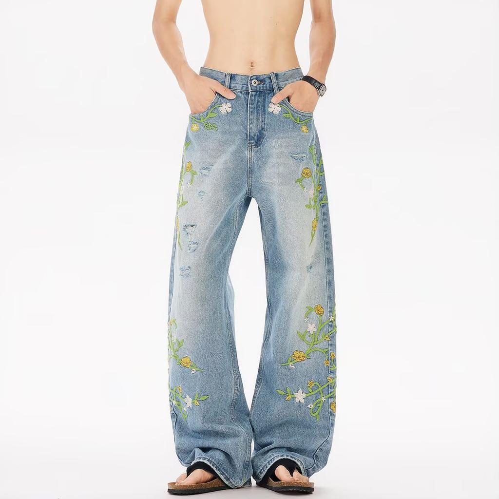 Men's Mid Rise Washed Cat Whisker Barrel Jeans Loose Wide Leg Denim Pants American Vintage High Street Y2K Casual Four Seasons Long Trousers
