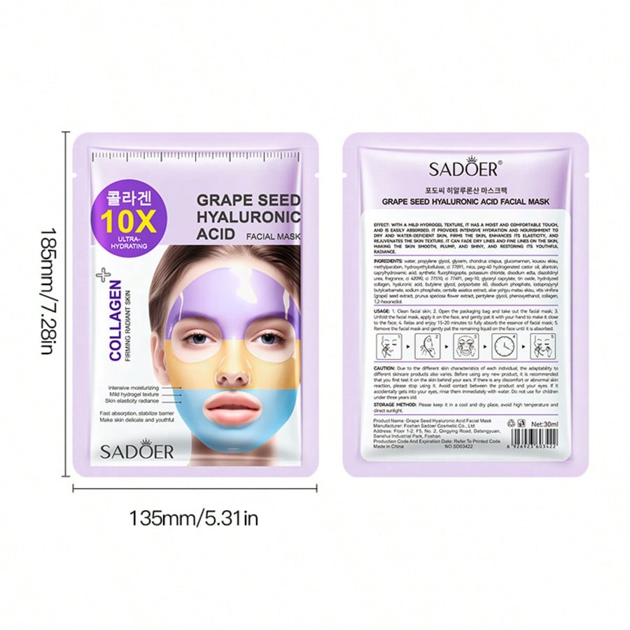 Collagen Grape Seed Hyaluronic Acid Tri-color Face Mask Hydrating Anti-Aging Brightening Skin Care