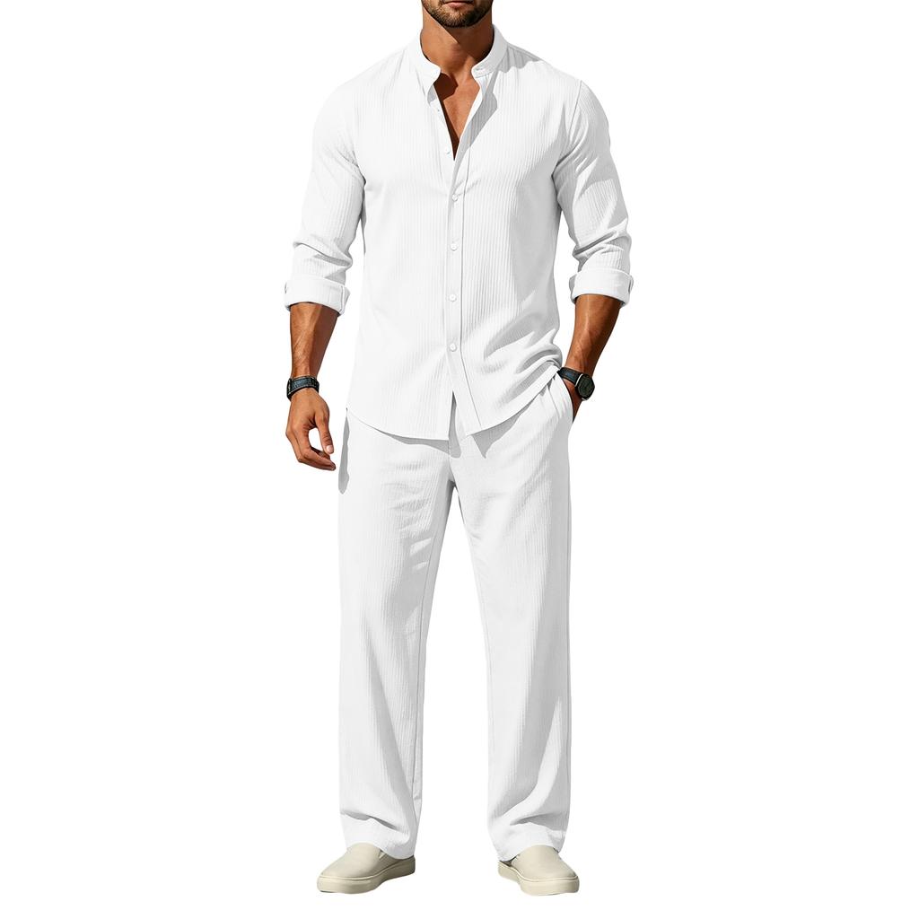 Men's Striped Texture Long Sleeve Shirt and Pants Set for Everyday Wear