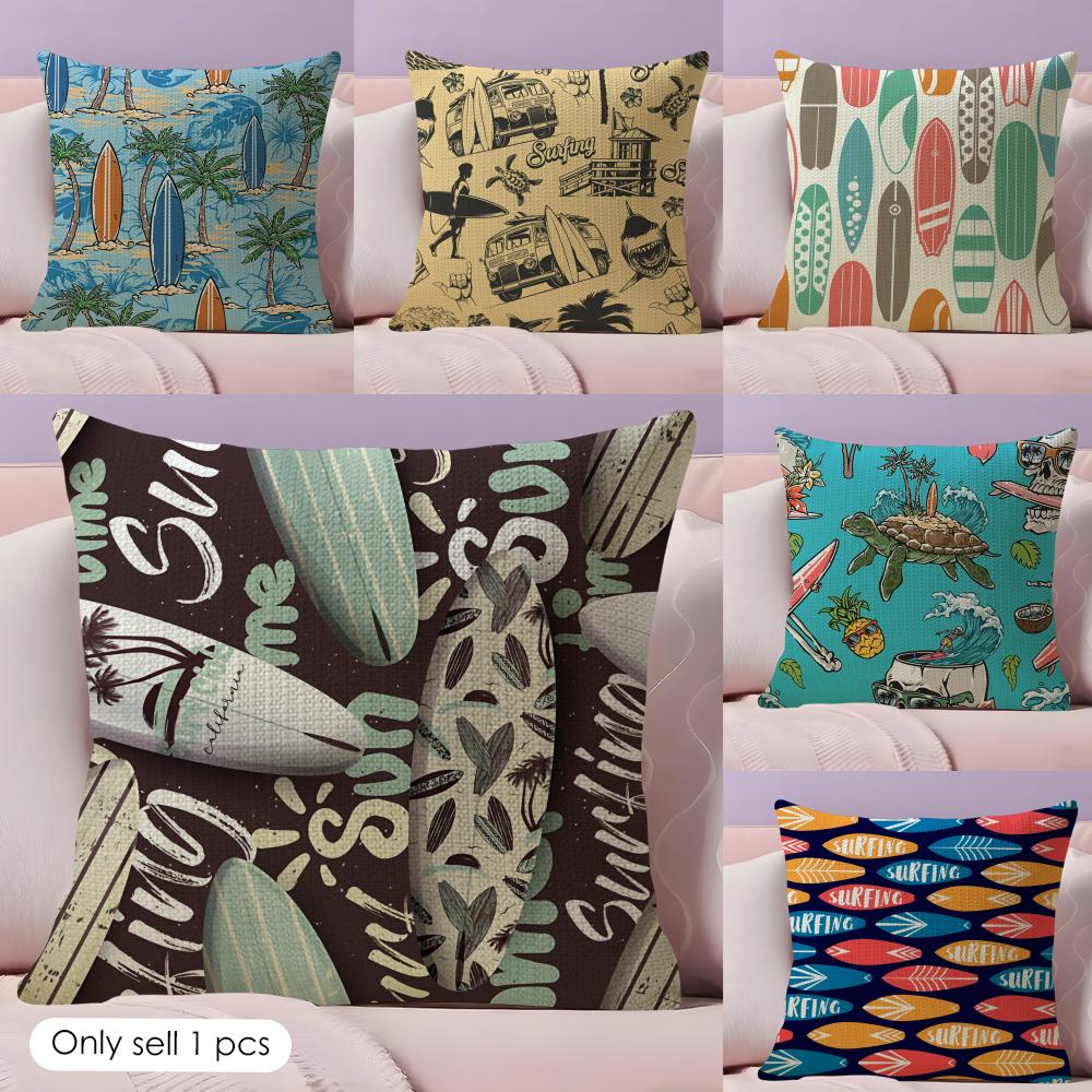 Tonnika Chen Unisex Surfing Pattern Cushion Cover Natural Linen Pillow Cover Double-Sided Print Cushion Cover For Sofa Home Decor