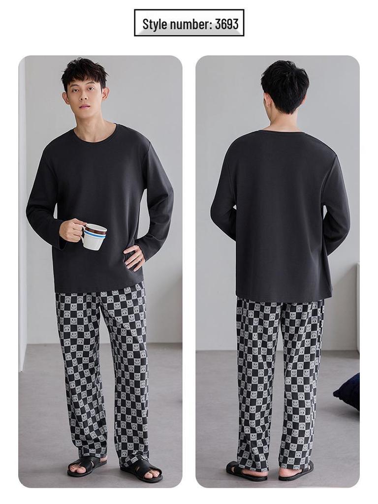 Herren Pyjama-Set aus reiner Baumwolle mit Karomuster – Langärmlig, Übergröße, Teenager-freundlich, Für drinnen oder draußen, Frühling/Herbst.