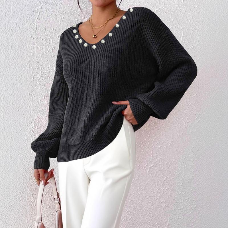 Autumn Winter Loose Casual Fashion Beading Sweater Women V-neck Solid Color All-match Pullover Knitting Top