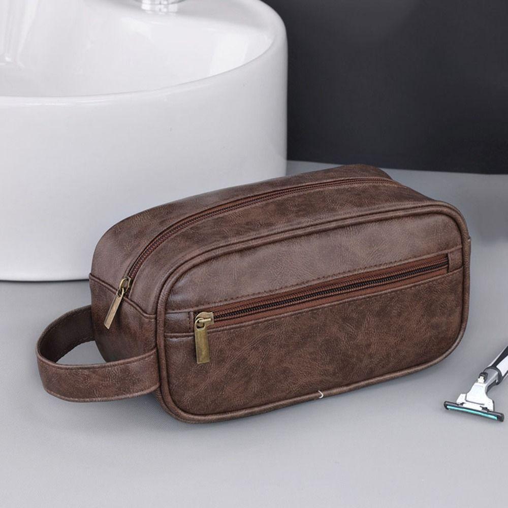 Multi Pocket Cosmetic Storage Bag Zipper Makeup Pouch Portable Men Leather Wash Bag  Male