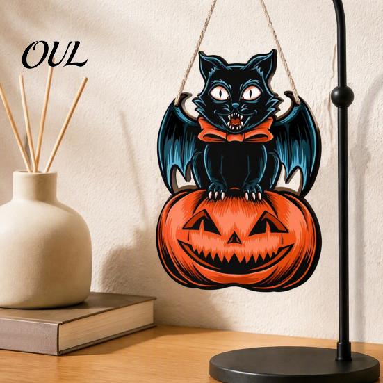 Retro Farmhouse Home Accents Halloween Wooden Door Hanging Sign, Black Cat Bat Pumpkin Wall Plaque with Wings Party Decoration Jute Rope, Front Porch