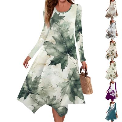 Women's Casual Fashion Round Neck Long Sleeve Printing Irregular Hem Midi Dress