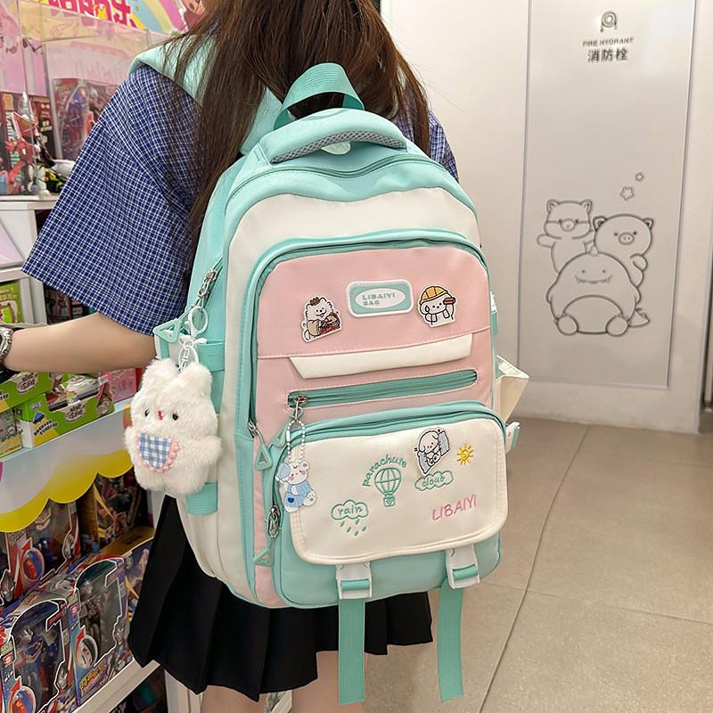 Color Blocked Embroidery Student Backpack Shoulder Bag Pencil Case Set For Casual Summer Wear