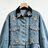 Womens Loose Denim Jacket 2026 Fall Heavy Beaded Rhinestone Streetwear Casual Outerwear