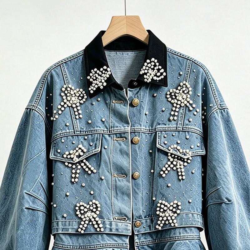 Womens Loose Denim Jacket 2026 Fall Heavy Beaded Rhinestone Streetwear Casual Outerwear