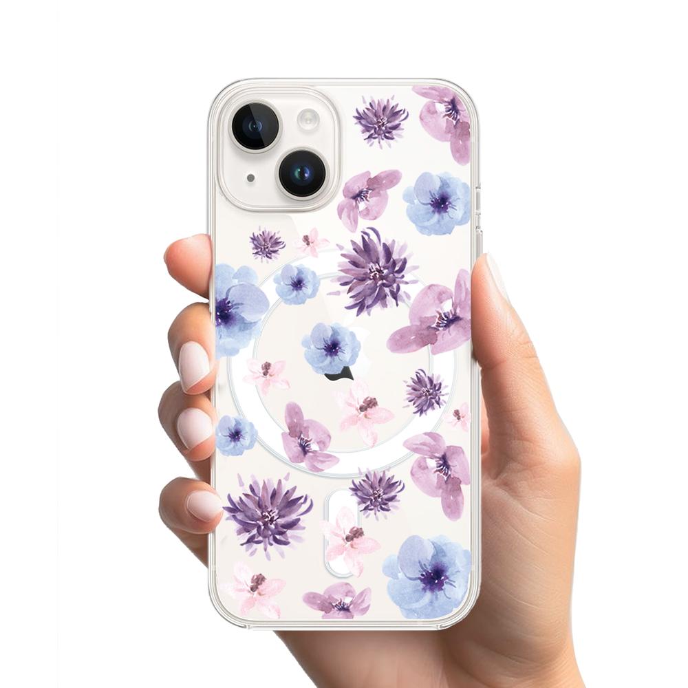 Case For iPhone 14 With Magsafe Transparent, Silicone Flexi, Blue, Purple Flowers