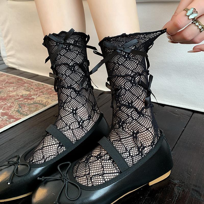 

Female Spring and Summer Thin Ballet Style Bow Three Layers of Lace Lace In The Tube Pile Socks 1 pair чорний