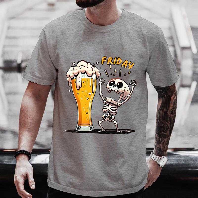Cotton Men's T Shirt Skeleton Enjoying FRIDAY Beer Day Tees Men T-Shirt Finally Friday for Beer Lovers Male Clothes Short Sleeve Tops