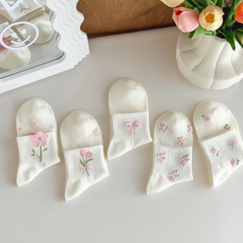 White Socks for Women, Summer Bow Flower Short Socks, Trendy Breathable Boat Socks, Cotton Sweat-absorbing Women's Socks