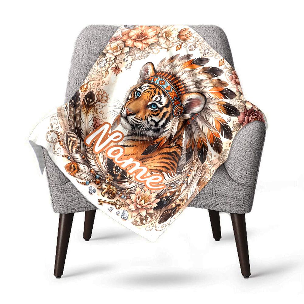 Tiger Spirit In Flowers Customize Your Name Home Blanket Tiger Spirit With Feathers And Flowers Comfortable Soft Lightweight Allseason Multipurpose