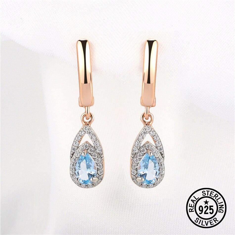 Orecchini in argento sterling 925 con topazio blu goccia per le donne Gemma in oro rosa placcato bicolore Accessorio di alta gioielleria di lusso