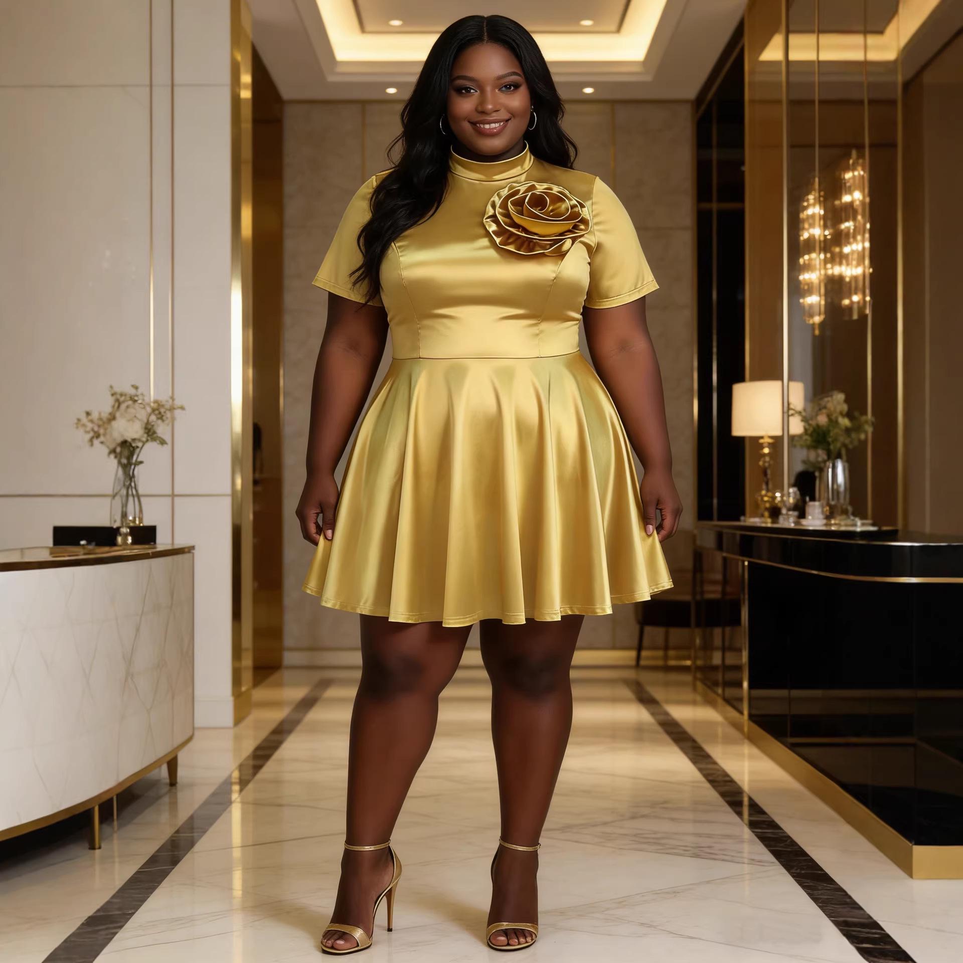 

Plus Size Women s Satin Floral A-Line Party Dress with High Neck 1XL золотий