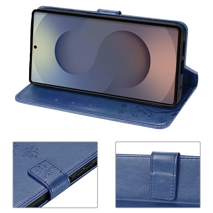 Hülle für Samsung Galaxy S25 Ultra - BOOLING - Kunstleder mit floralem Relief, künstlerisch, Dunkelblau - 2 gehärtete Gläser