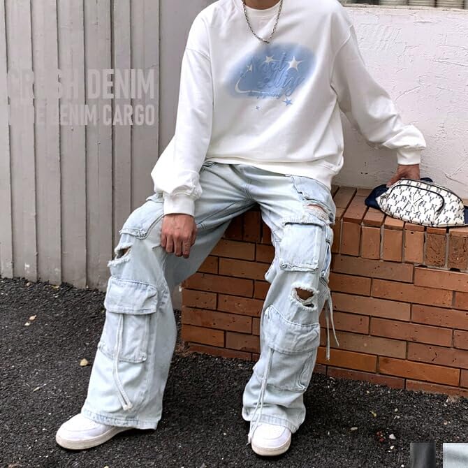 Arcade Distressed Denim Cargo Pants with Multiple Wide Loose Flared Size XL Black Men's Pockets, Leg, Fit, Denim, (LL),