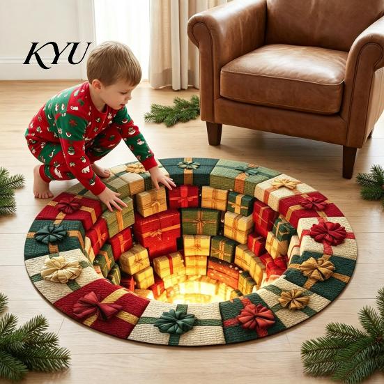 Winter Festive Room Accent Christmas Round Rug, 3D Illusion Mat, Holiday Carpet, Soft Gnome Deer Easy Care Rug Santa House Floor for Living