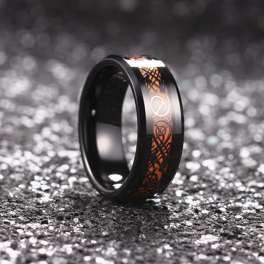 8mm Men's Stainless Steel Celtic Dragon Ring Inlay Red Green Black Carbon Fiber Wedding Band Jewelry Size 6-13