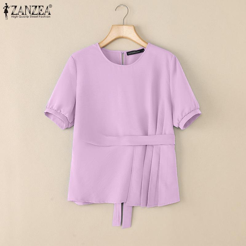 ZANZEA Women Summer Casual Round Neck Solid Color Short Sleeve Blouse