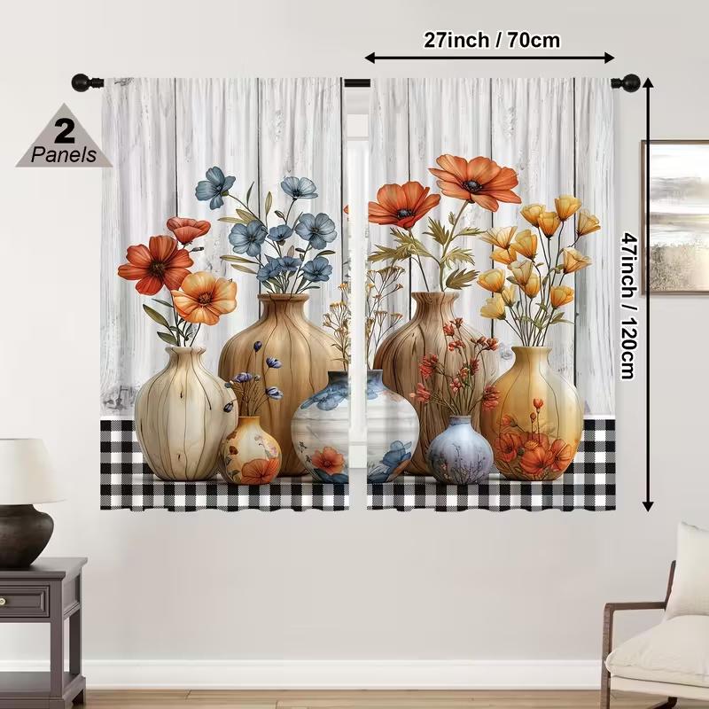 Set Of 2 Retro Vase Print Curtains Suitable Bedroom Living Room Kitchen Decoration Home Window Curtain Polyester Ideal For Area