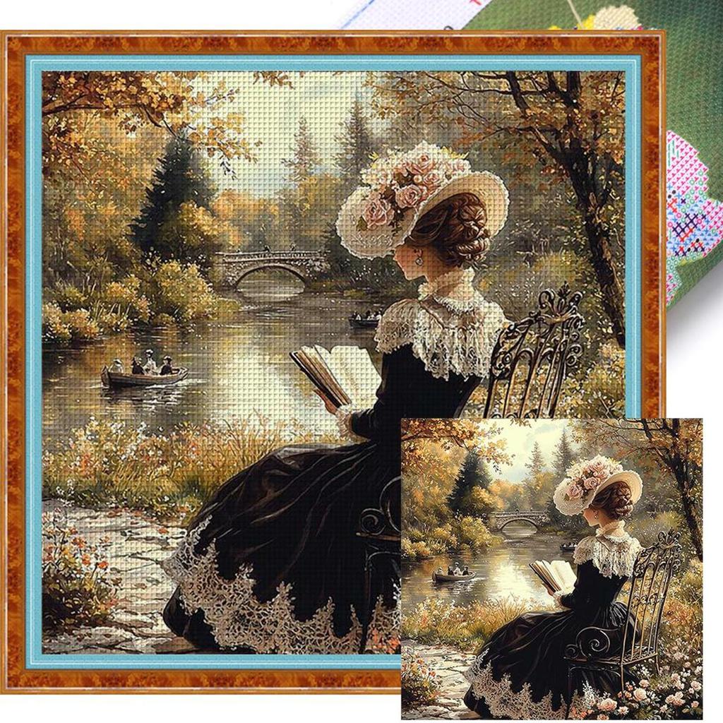 Kit Punto Croce Ricamo Completo Filo di Cotone 11CT Stampato Ragazza Arte 50x50cm