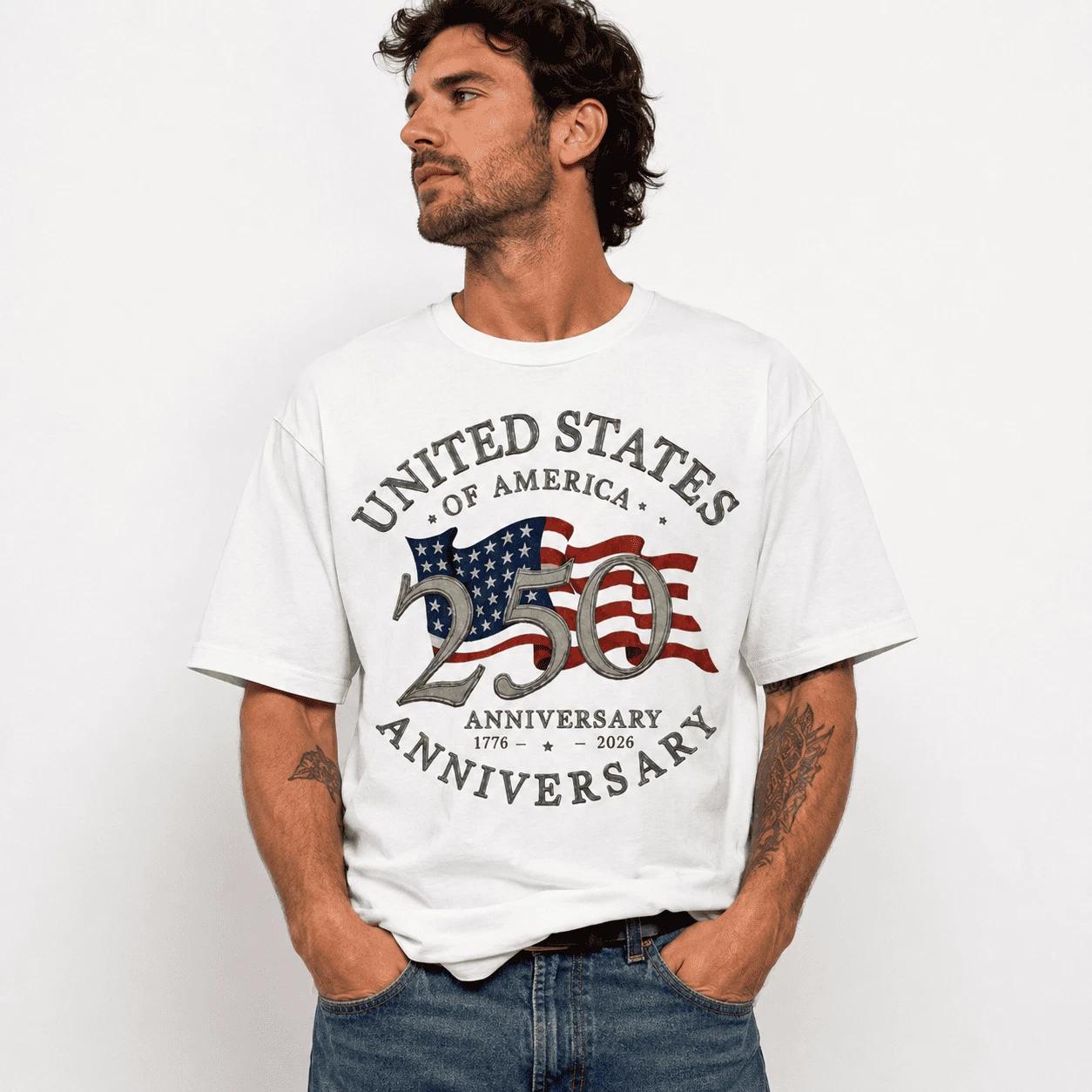 USA 250th Anniversary T Shirt 1776 2026 Flag Heritage Patriotic Graphic Tee S