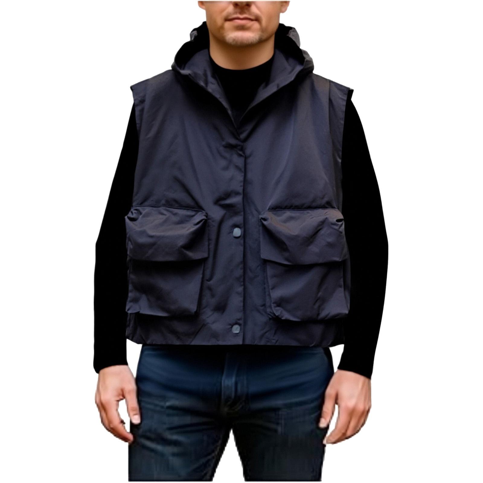 

Мужские и женские однотонные легкие куртки без рукавов большого размера, мужской жилет для рабочей одежды с капюшоном на пуговицах XL чёрный