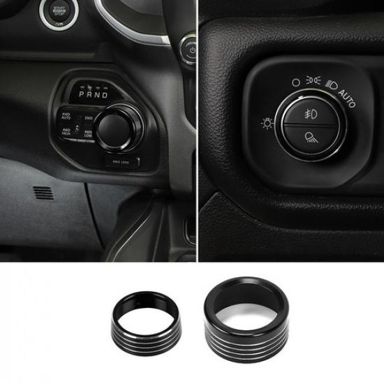 Strålkastarkontroll+Växlingsspaksknopp Cover Ring För Dodge RAM 1500 18+ Svart