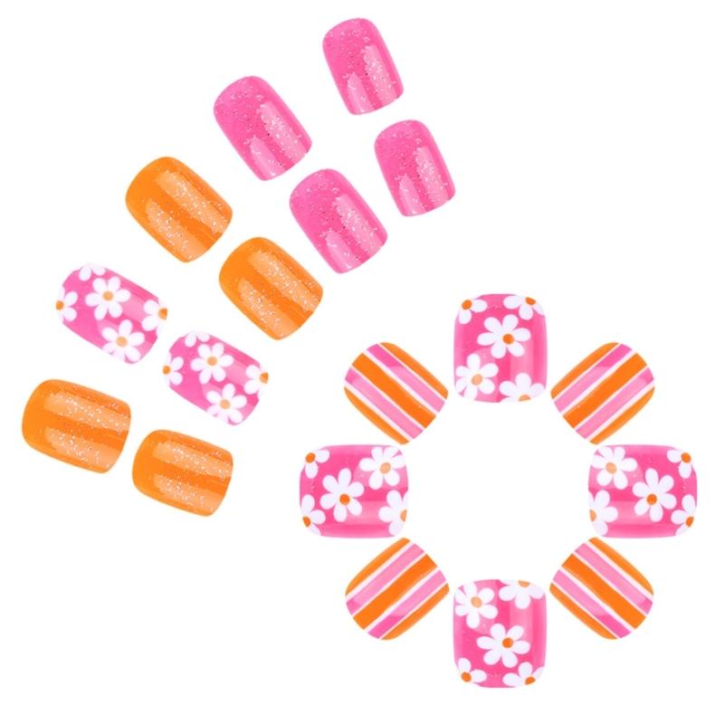 24pcs Short Square Acrylic Press On Nail With Flower Pattern For Women Full Coverage Glossy Finish False Nail