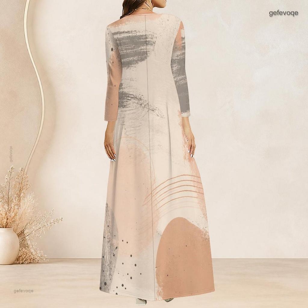 Women Plus Size V Neck Three Quarter Sleeve White Blue Abstract Printed Maxi Dress