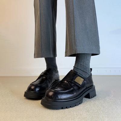 Sheepskin Version~ Velcro Metal Buckle Thick-soled Small Leather Shoes Retro One-pedal Single Shoes Women