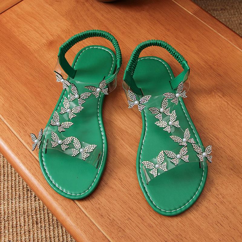 Kadın Yapay Elmas Kelebek Dekor Düz Sandalet, Günlük Burnu Açık Yaz Ayakkabı, Hafif Elastik Bant Sandalet