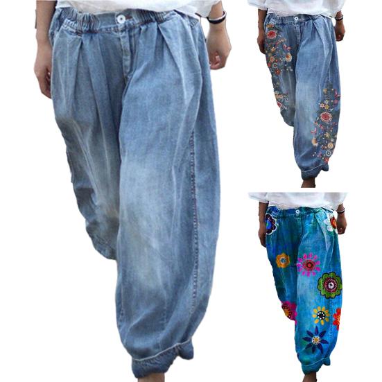 Spodnie Damskie Wiosna Lato Luźny Krój Wzór Kwiatowy Średni Stan Casualowe Wygodne Oddychające