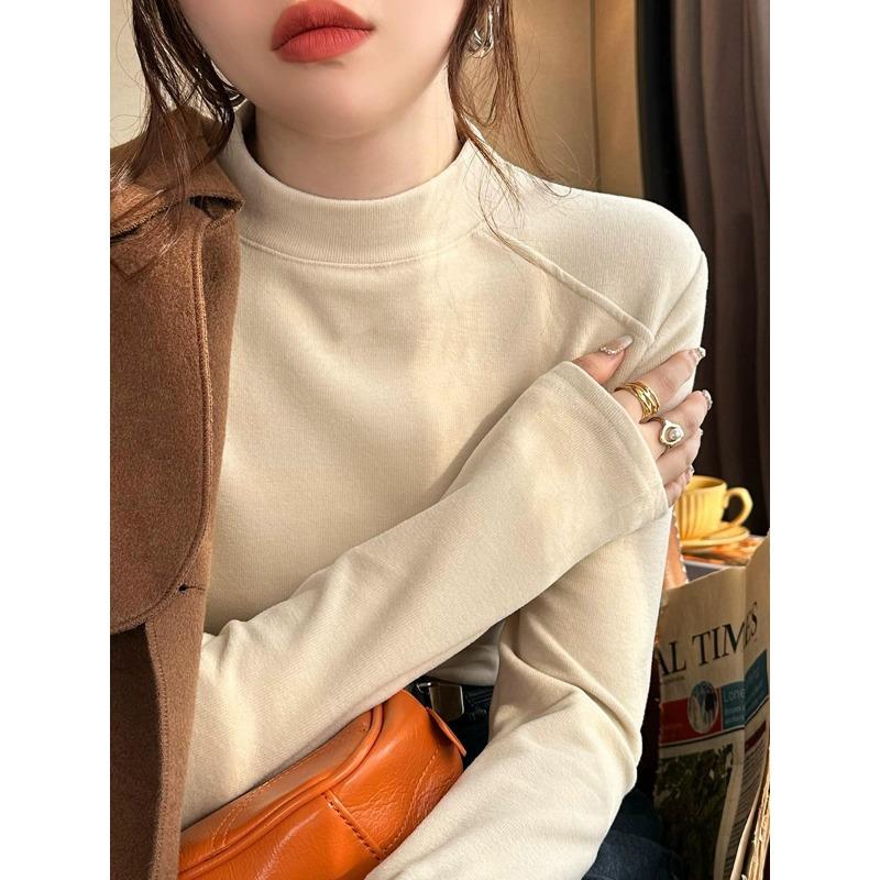 Temperament semi-turtleneck fishbone line design bottoming shirt women's spring slim-fitting simple long-sleeved inner middle-necked top