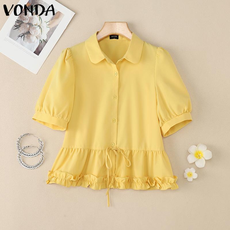 

VONDA Women Puff Short Sleeve Blouse Casual Buttons Ruffled Tops 4XL жёлтый