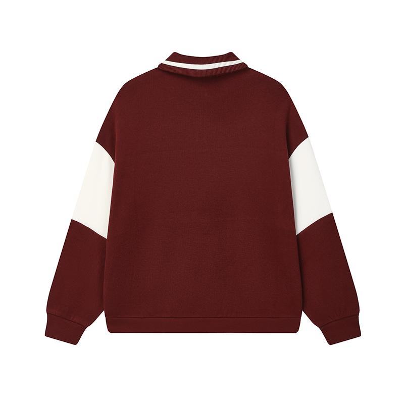 FILA Fashion Polo Neck Letter Color Block Retro College Sweatshirt Women sweatshirt Light-Pink Wine-Red F11W519204FWI