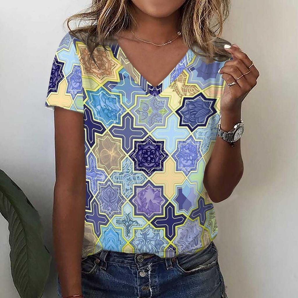 Summer Women's 3D Printed V-Neck T-Shirt Fashion Versatile Trend Breathable Casual