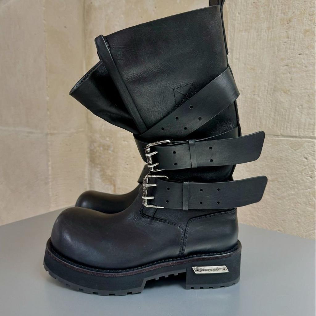 Bajia Retro Belt Buckle Venom Boots Spring and Summer New Bundle Mouth Big Tube Circumference Thick Bottom Heightening Punk Locomotive Boots