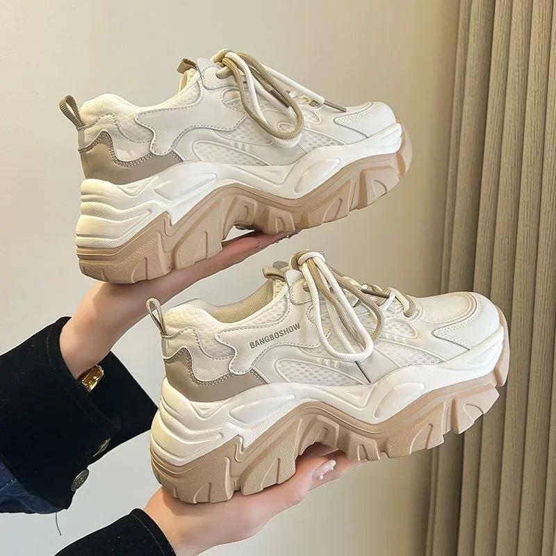 fashion Mesh Breathable Dad Shoes Female 2024 New Wedge Thick Sole Lace Up Comfortable Shoes Sport Running Shoes Zapatillas Mujer 2024