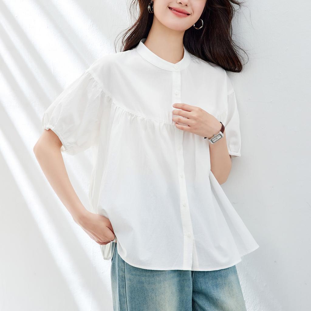 Summer New Solid Color Pleated Short-sleeved Doll Shirt Women's Foreign Style Loose and Thin Shirt Short-sleeved Top Women's